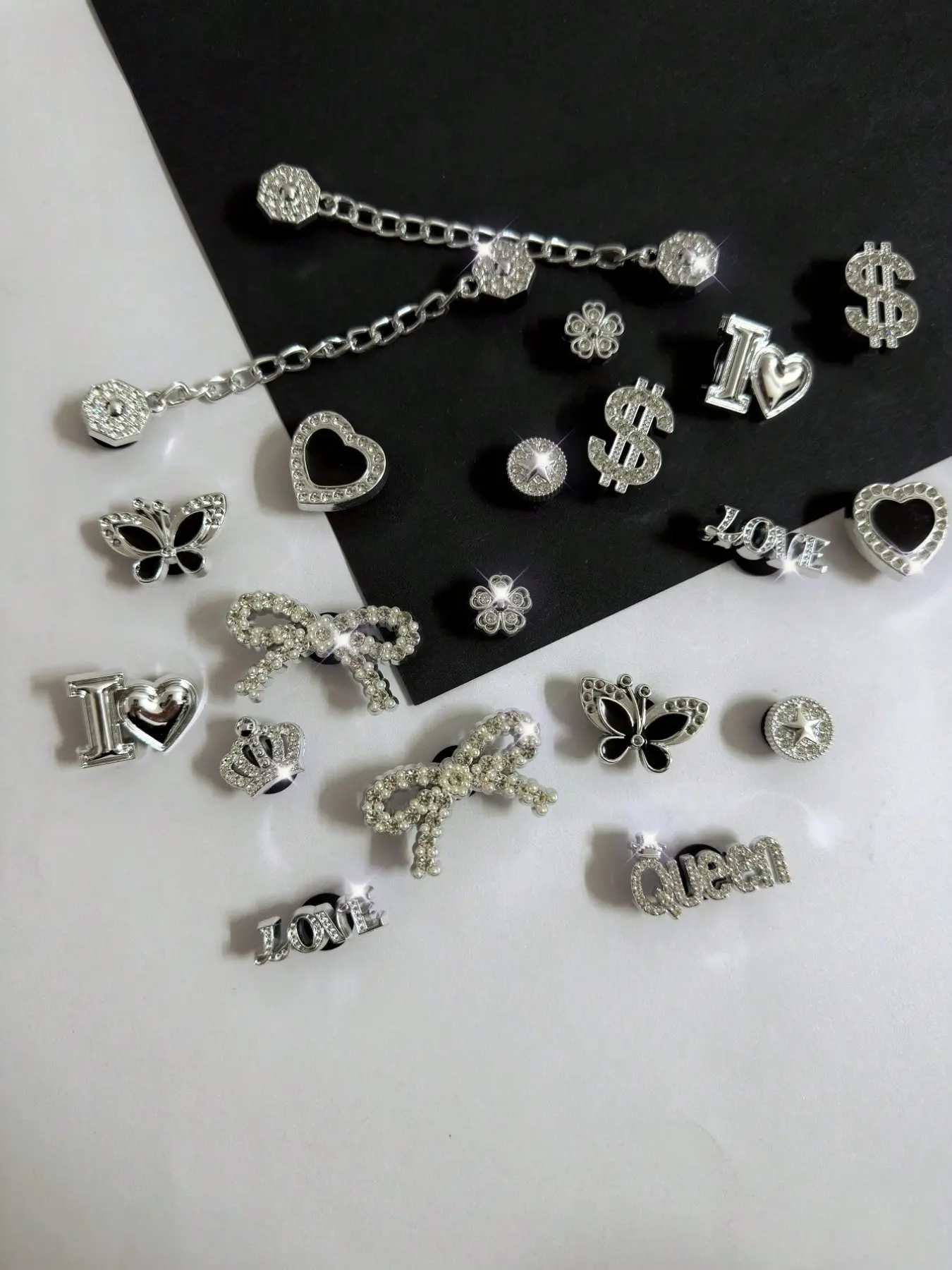 20pcs Detachable DIY Silver Color Sequins Bowknots, Butterfly, Love, Heart Shape, Shoe Decorations Bling Sparkling Cute Shoe Charms, Shoe Accessories for Sandals, Slippers, Beach Shoes