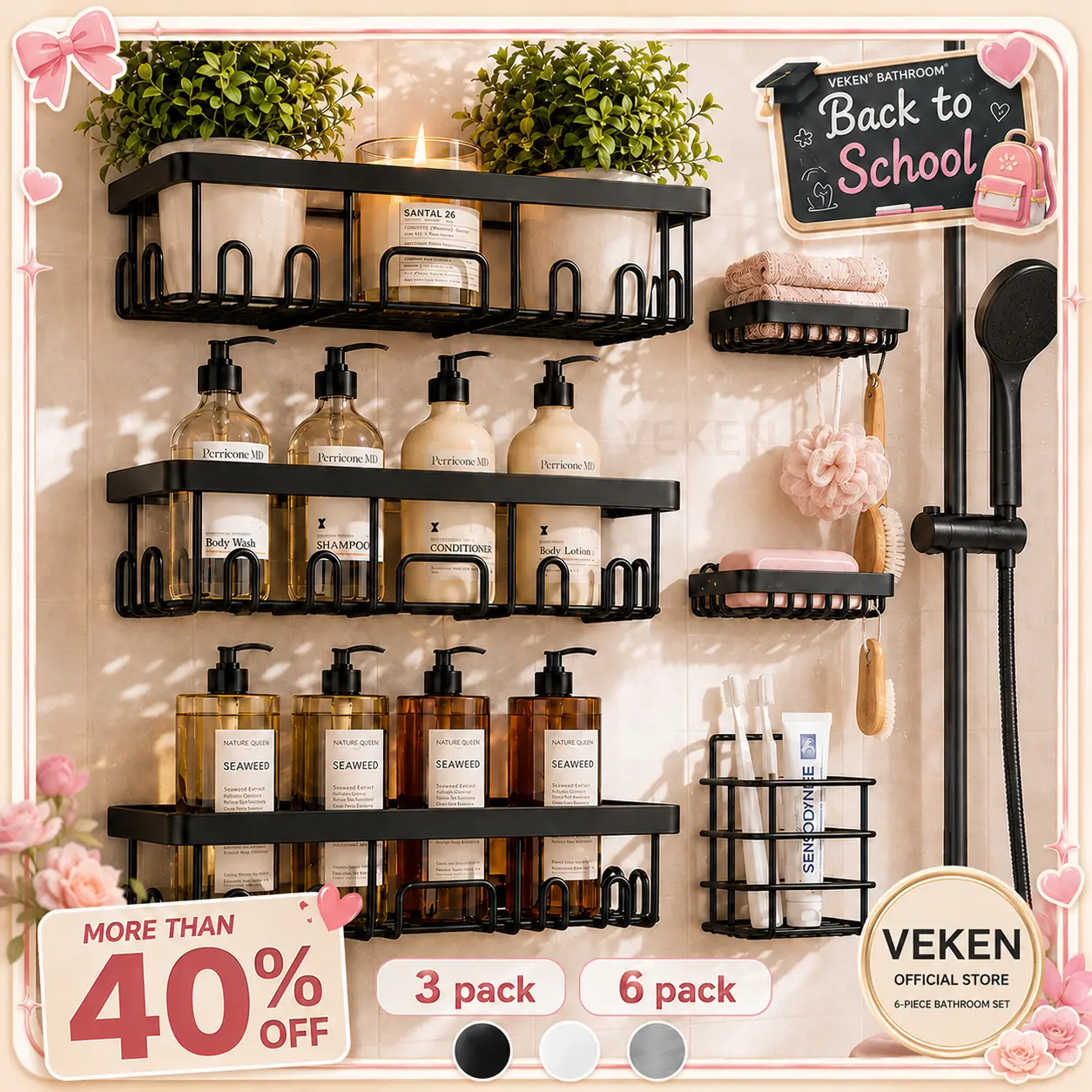 【Veken】 3/6-Pack Life-Changing Rustproof Shower Caddy, Effortless No-Drill Wall Shelves with Soap Holder, End Bathroom Clutter for Good, Multi-use Kitchen & Home Storage