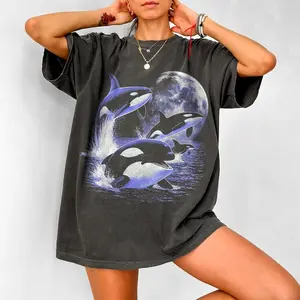 Orca Midnight Vintage Style Graphic Shirt, Retro Ocean Comfort Colors Orca Shirt, Moonlight Ocean Lightning Tee,90s Marine Life Graphic Top