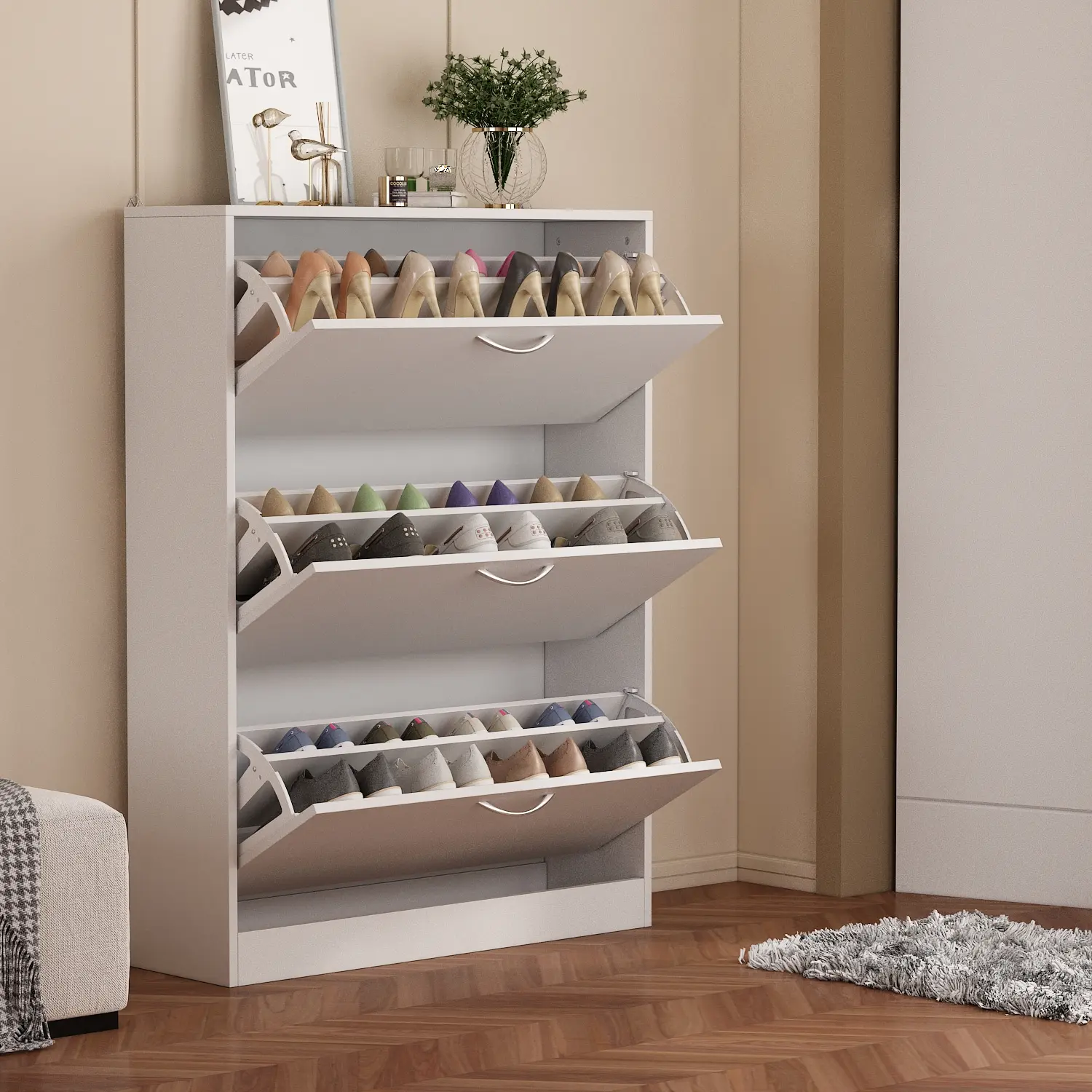 FUFU&GAGA Sturdy Durable Contemporary Wood Shoe Storage Cabinet - 3 Flip Drawers, 2-Layer 3-Tier Organizer, 31.6”l x 9.3”w x 42.6”h, Assembly Required Shoe Rack for Entryway, Hallway