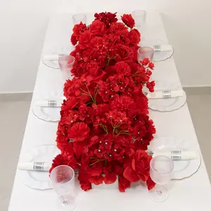 Pre-Arranged Silk Flower Runner 40"x16" Mixed Red – Roses, Hydrangeas, Chrysanthemums & Peonies for Wedding Table & Arch Decor