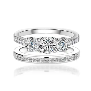 925 Sterling Silver Plum Blossom 3 Stone Moissanite Ring 1.1ct Round Cut D VVS1 Wedding Anniversary Ring for Women