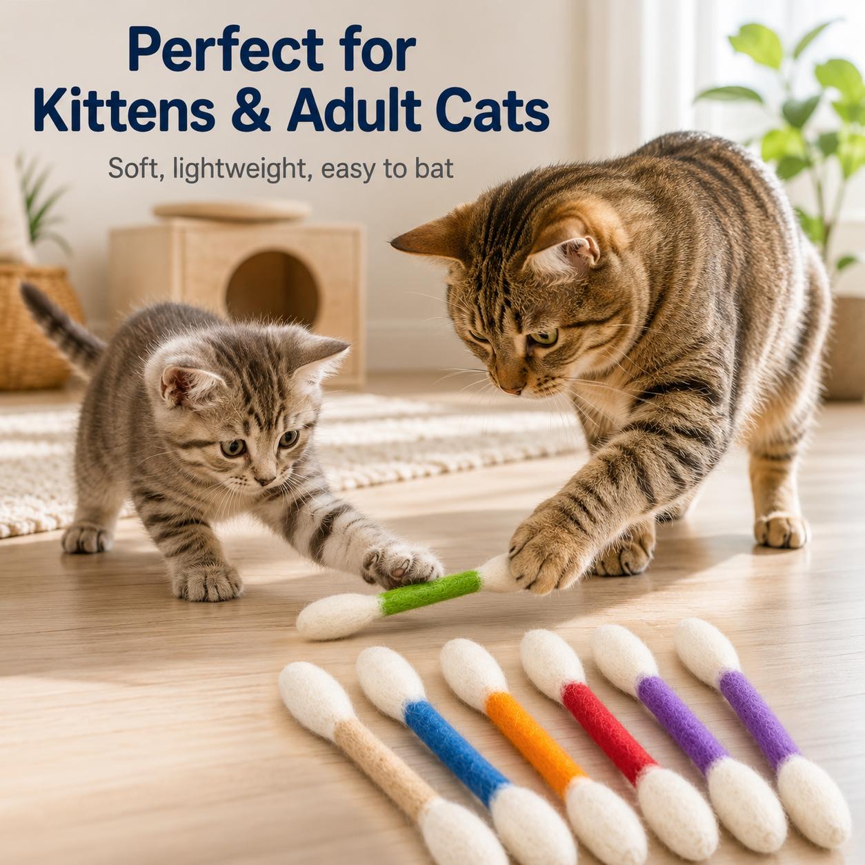 6-Pack Giant Q-Tip-Shaped Cat Toys, Soft Felt Cotton Swab Teething Sticks, Durable Interactive Play Indoor Use Pet Accessories for Kittens, Dental Cleaning, Anxiety & Boredom Relief Daily Entertainment Gifts