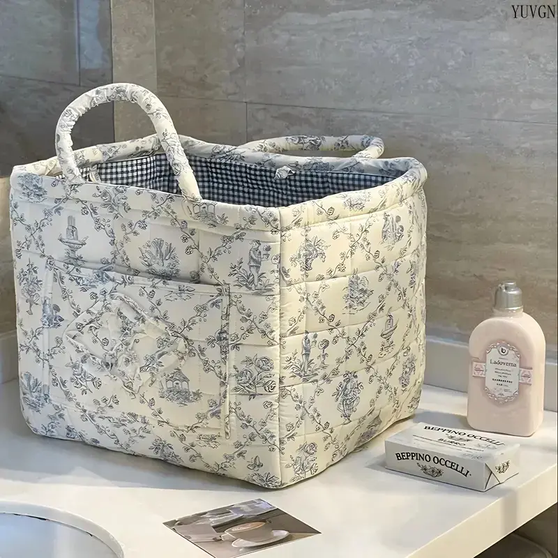 Fabric Laundry Basket, Large Floral Quilted Cotton Dirty Clothes Hamper for Room Organisation, Durable, Foldable & Machine Washable, Bathroom tiktokshopbacktoschool, Closet Baskets