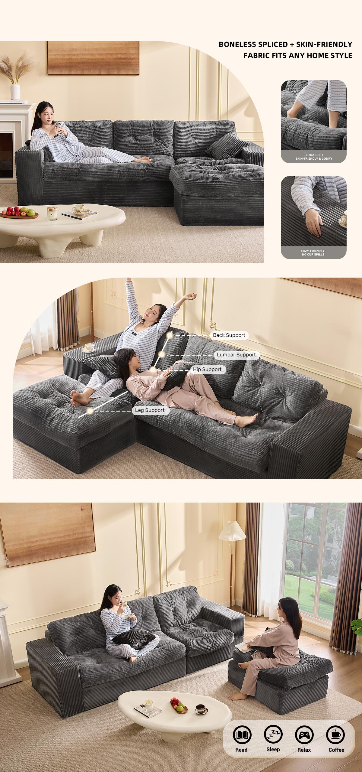 【2 Packages Shipping】Boneless Sectional Couch,Modular Sectional Sofa, 102” L-Shaped Corduroy Couch with 1 Ottoman, Deep Seat Comfy Sectional for Living Room, Set of Soft Upholstered Cloud Couch for Apartment，Furniture,Sofa Bed Couch,Pink Couch