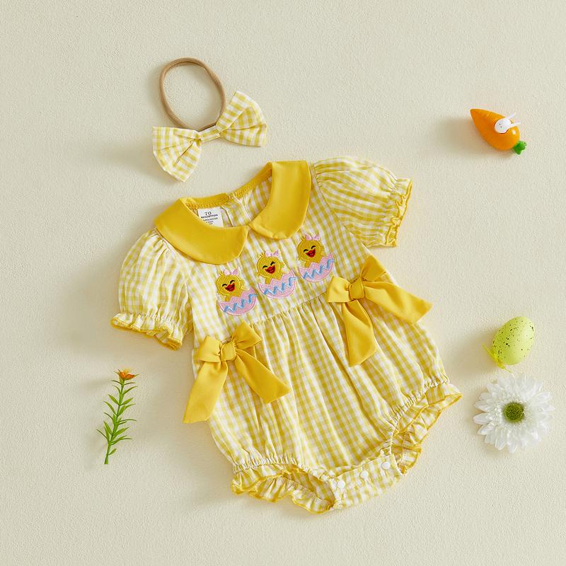 Baby Girl Easter Outfits Short Sleeve Chick Embroidery Romper with Headband Set Newborn Clothes