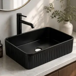 Glossy Black Ceramic Rectangle Countertop Vessel Sink - 13.79 w x 19.70 d x 5.12 h inches, 21.45 lb, Above Counter Basin for Bathroom Vanity & Kitchen, Stain-Resistant, Heat-Resistant, Easy-Clean Non-Porous Single Bowl Lavatory