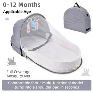 Portable Baby Bed in Bed for 0-12 Months Foldable Travel Infant Bassinet with Mosquito Net Canopy Breathable Mattress Safety Straps Carry Bag Backpack Design Includes 3 Hanging Toys