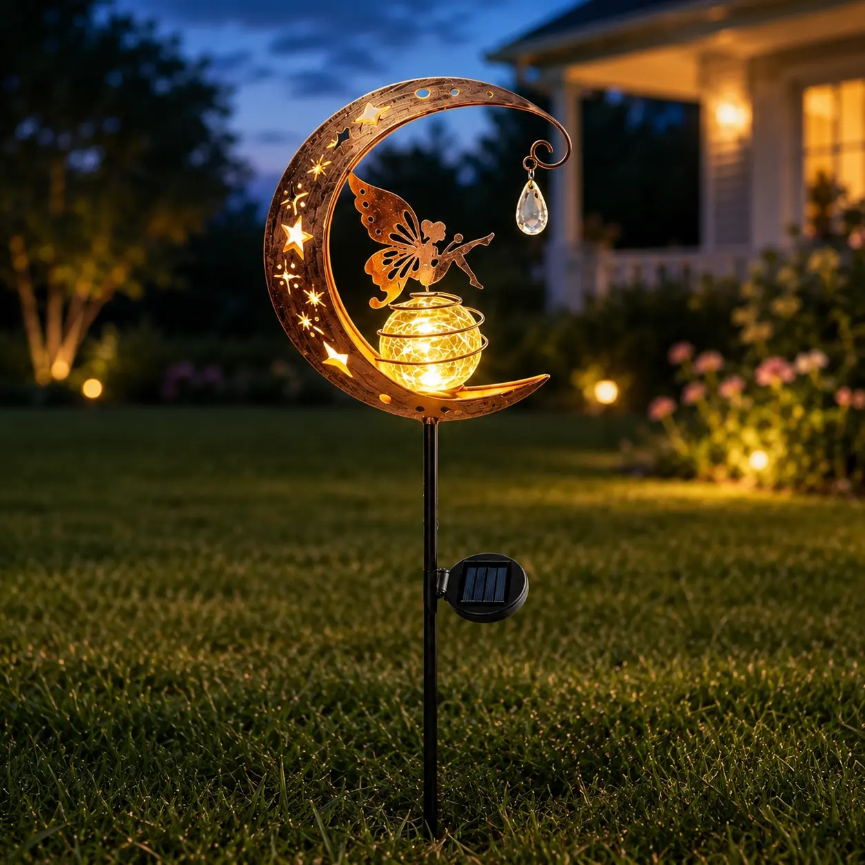 Solar Moon Fairy Theme Garden Stake Light - Auto-On/Off Warm White Outdoor Lantern for Pathway, Night Lighting Decor (Lawn, Patio Compatible)