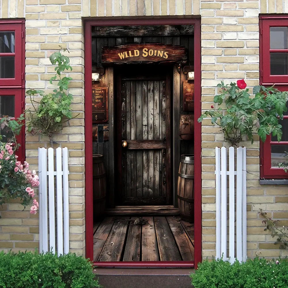 2pcs Wild West Saloon Door Wall Sticker Vintage Wooden Plank Design with Rustic Barrel Lantern Elements Peel and Stick Removable Decorative Decal for Home Bar Pub Man Cave Party Backdrop Western Them