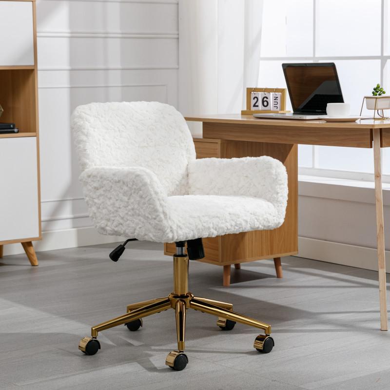 Furry Cute Office Chair, Modern Swivel Desk Chair with Wheels- Makeup Vanity Chairs with Back, Alpaca Fleece Upholstered Rolling Chairs for Vanity Makeup Room Girls Women, Beige