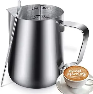 12oz Milk Frothing Pitcher, Stainless Steel Espresso Latte Cup Steaming Pitcher Creamer Cup, Milk Frother Cup Espresso Machine Accessories Barista Tools Jug for Coffee Cappuccino with Latte Art Pen