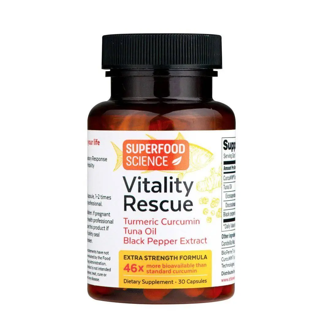 Superfood Science Vitality Rescue: Omega 3 Fish Oil & Turmeric with BioPerine for Joint, Muscle, Brain & Cardio Health, 46x Bioavailability - 30 capsules