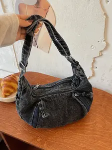 Casual retro distressed denim underarm bag, simple everyday style large-capacity women's shoulder crossbody bag