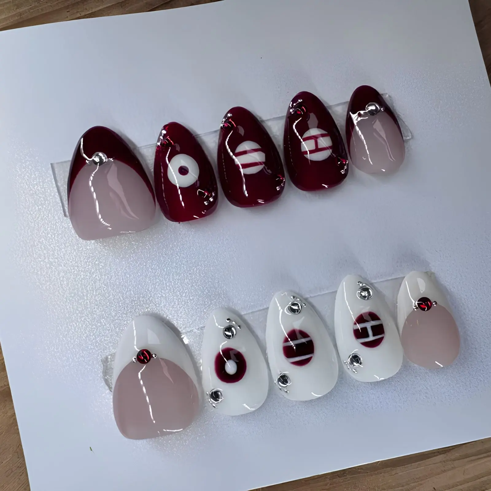 Arirang Burgundy & White K-Pop Inspired Press On Nails/  Korean Concert Style Nail Set