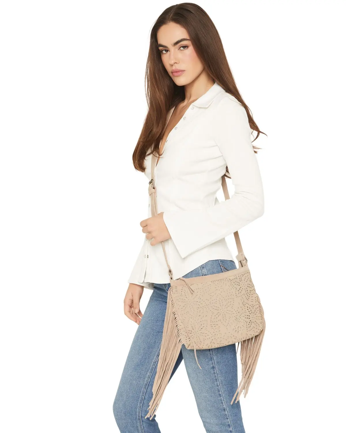 Shyanne Women's Women'S Avenly Floral Perforated Suede Crossbody Bag - Saho25hb8-Tan