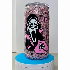 Scream - Ghostface Glitter Snowglobe Tumbler Cup 16oz Handmade Pink Acrylic Double-Wall Design with Glitter Floating Effect Perfect for Horror Movie Fans & Gifts