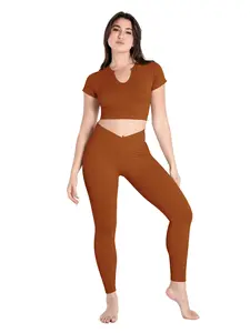 Cosmolle Premium Seamless V-neck  Crop Top & Crossover Leggings(TikTok) Breathable Comfort Fabric Soft Womenswear Suits Nylon Compression  Shortsleeve