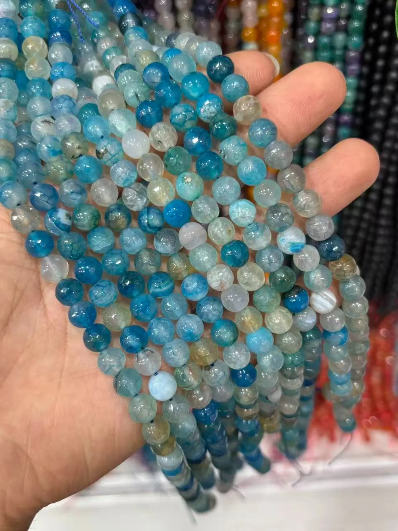 8mm Natural Stone Light Blue Ghost Milk Dragon Pattern Agate Beads, DIY Jewelry Making, Handmade Crafts, Sewing Supplies