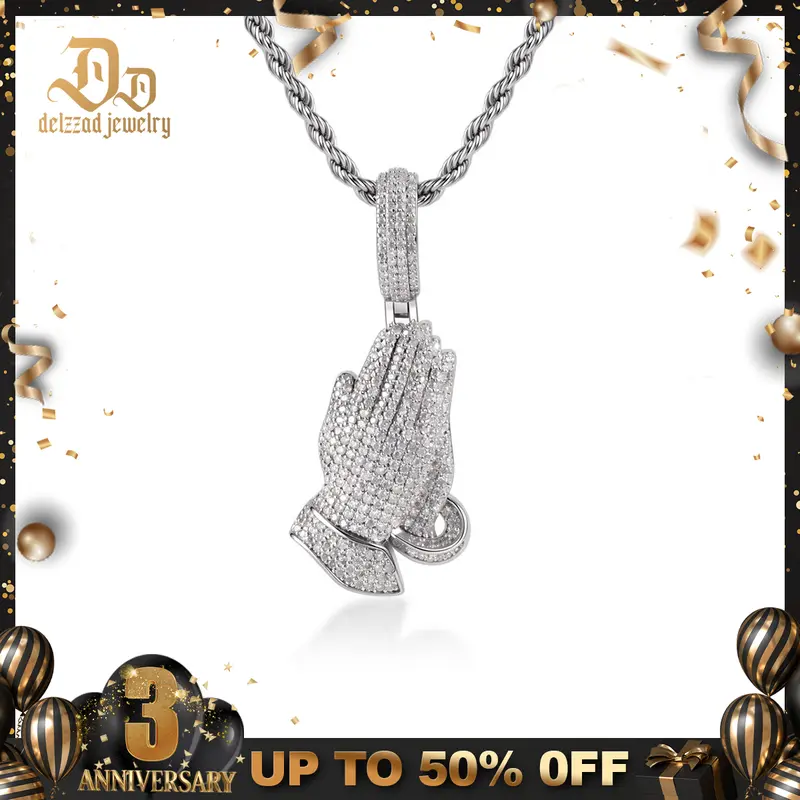 Delzzad 14K Gold-Plated 2.5ct Echo of Heaven Starlit Prayer Pendant Praying Hands Pendant Unisex Hip Hop Pendant VVS Synthetic Moissanite Necklace Jewelry Perfect Birthday Anniversary Christmas Gift