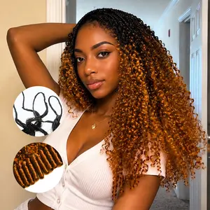 【New Color】T1B/30 Burmese Curly Crochet Human Hair P4/27 Highlight &Natural Black  Chocolate Brown Human Hair Extensions Miracle Knots Pre-Separated 50g/Pack-Knotless Boho Braids, 4-5 Packs for Full Head