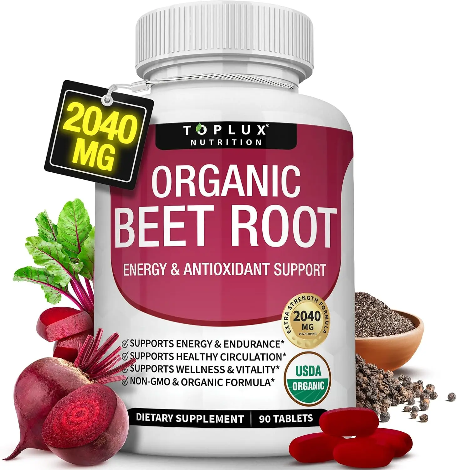 Toplux Organic Beet Root Powder Tablets – 2040mg Natural Nitric Oxide Support with Black Pepper Extract, Non-GMO, Made in USA, 90 Tablets