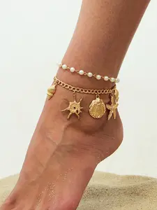 Boho Style Shell & Starfish Design Anklet, Dainty Layered Anklet, Fashionable Jewelry for Women & Girls, Trendy All-match & Exquisite Jewelry for Birthday Gift