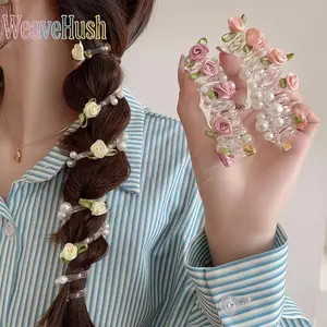 3 Pack Sweet Butterfly Rose Beaded Hair Ties, multifunctional phone cord style ponytail hair bands, bubble braid styling artifact, delicate braided hair ropes, cute fashion hair headdress for daily and party hairstyle decoration.