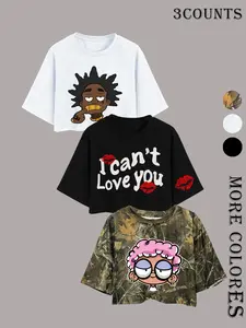 Women's Letter & Cartoon Print Round Neck Crop Tee, Casual Short Sleeve Crew Neck Fit T-shirt for Daily Wear, Ladies Clothes for Summer, Streetwear