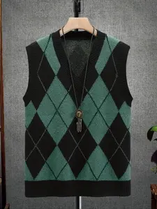 Men's Colorblock Argyle Pattern V Neck Sweater Vest, Casual Sleeveless Jumper Vest for Spring & Fall, Fashion Men's Knit Clothing for Daily Wear, Tops