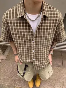 Men's Short Sleeve Shirt, Patchwork Plaid and Geometric Patterns, Casual Button Decor, Urban Style Top, Fashion Daily Wear