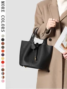 Women's Fashion Plain Leather Bucket Bag, 22 cm Casual Soft Durable Handbag, Casual Trendy Handbag, Versatile and Stylish Shoulder Bag for All Seasons