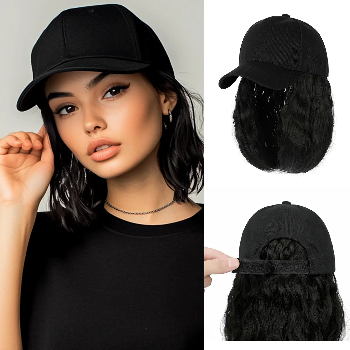 Cephemer 9inches Baseball Cap Bob Wig Wavy Curly Bob Hat Wigs Short Synthetic Hair Extensions For Woman Daily Party Wear and Go Black Friday & Christmas