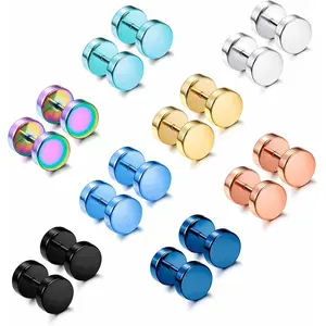 FLORIDECO Unisex 8-Pair 6mm Round Dot Surgical Steel Screw-Back Flat-Back Stud Earrings, Multi-Color Fake Plugs Tunnels Disc Set for Daily Piercing