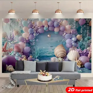Colorful Star-Embellished Under the Sea Tapestry Wall Hanging, 2D Flat Printed Backdrop with Mermaid-Ocean-Balloon-Shell Design, for Nursery Kids Room Decor, Mermaid Birthday Party Photo Booth Prop