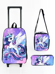 17-inch Trolley Backpack 3-Piece Set with Unicorn Pony Print