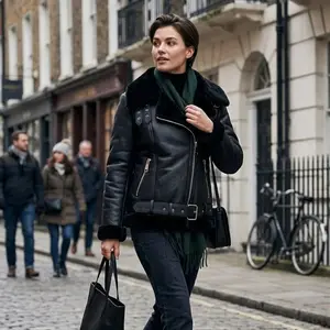 Women's Black B-3 Aviator: Genuine Sheepskin Shearling Leather Bomber Fur Jacket