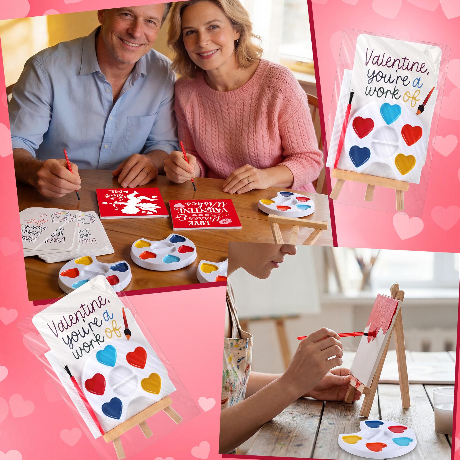 18/36 Pcs Mini Watercolor Paint Sets Valentines Day Gifts Bulk for Kids Valentines Cards Include watercolor Paint and Canvas Panel with Wooden Easel Brush Kit for School Classroom teacher students Holiday Gifts