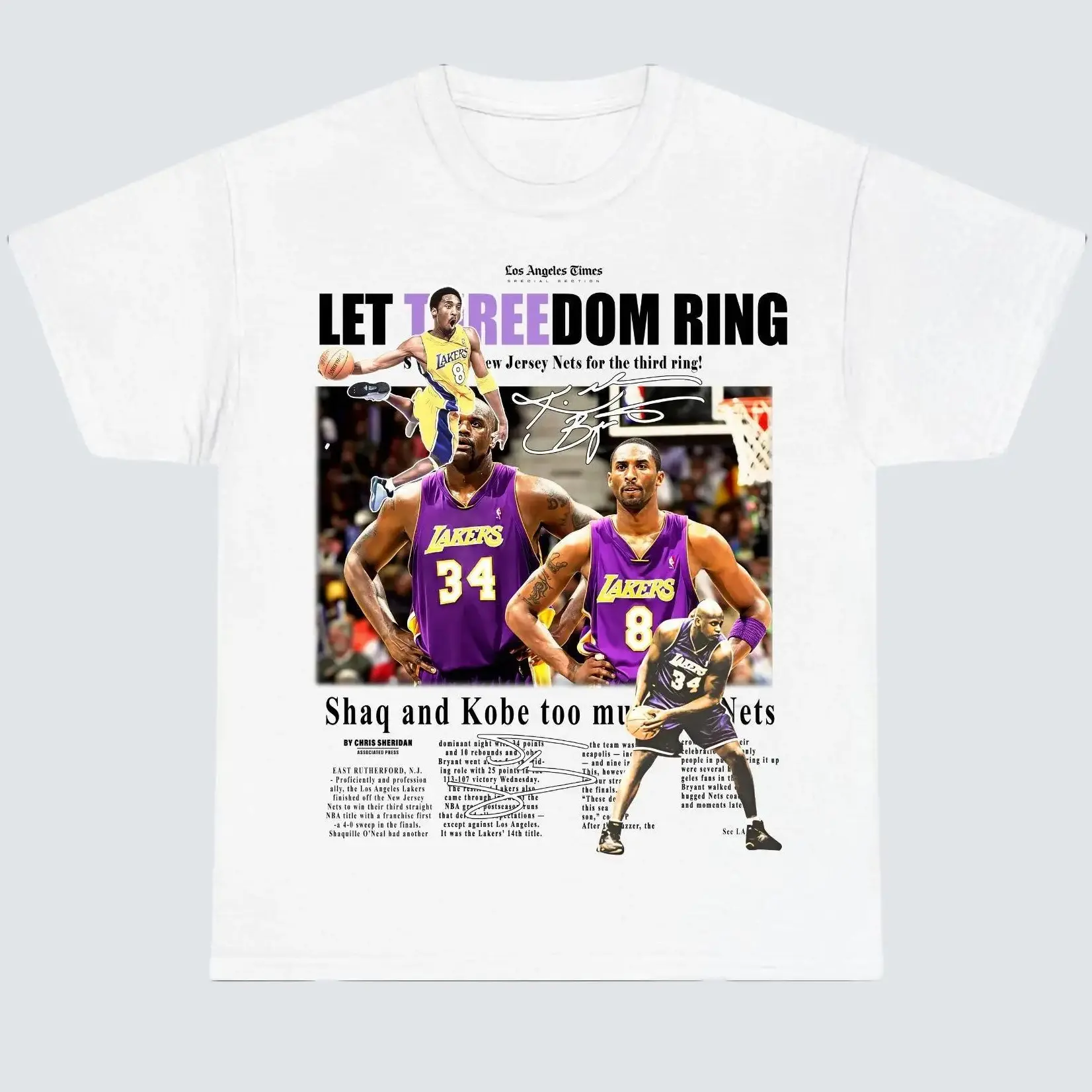 Kobe and Shaq Threedom Rings Newspaper Graphic T-Shirt, Crewneck Cotton Made In USA