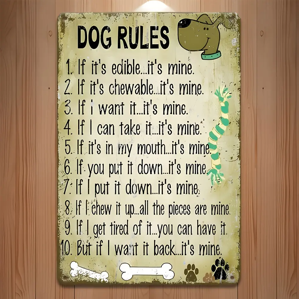 Retro Dog Rules Metal Aluminium Tin Sign - 12"x8" Attractive, Durable, Lightweight Collectible Plaque - Home Wall Decoration for Bar, Man Cave - Ideal Gift for Dog Lovers