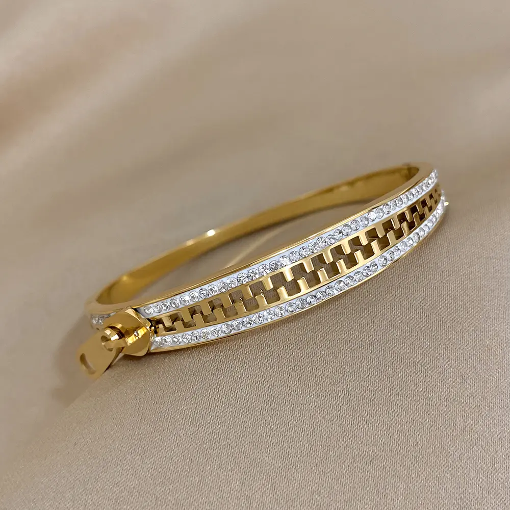 DoDo Hao Unique Zipper Bangle Bracelet for Women, 18K Gold Plated Sparkly Rhinestone Cuff, Edgy Y2K Statement Jewelry, Hollow Geometric Crystal Cuff Unique Gift for Teen Girls