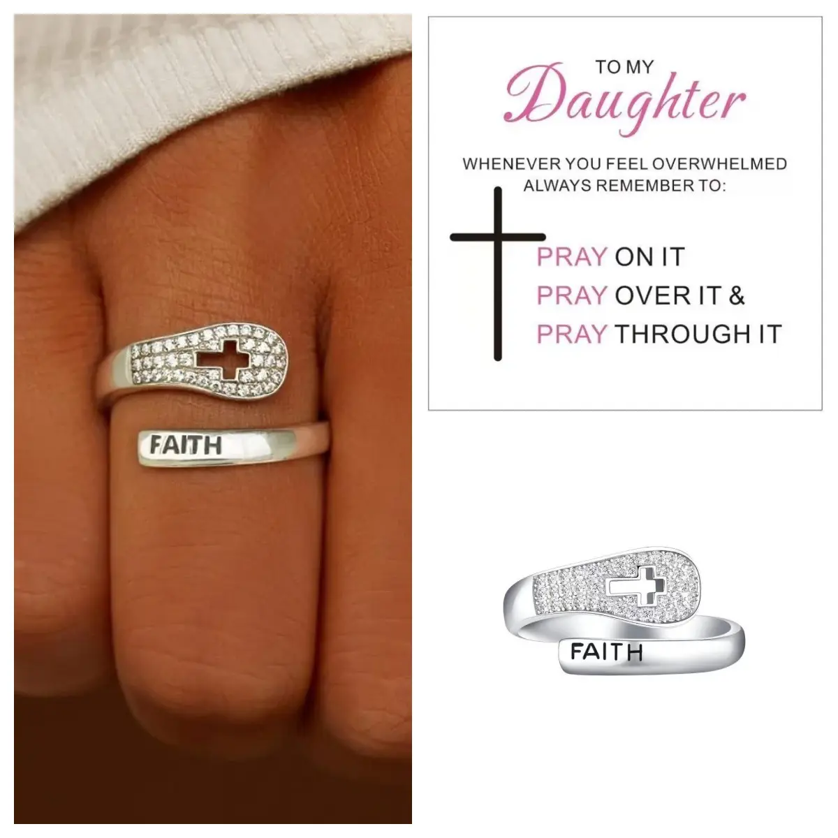 Letter faith cross zircon hollow ring female fashion design couple ring opening adjustable gift, Adjustable Trendy Rings, Everyday Ring