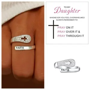 Letter faith cross zircon hollow ring female fashion design couple ring opening adjustable gift