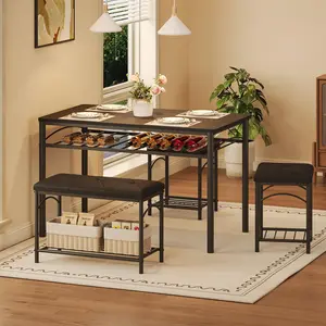 Garvee Compact 4-Piece Dining Set with Upholstered Bench, 2 Stools, Metal Frame, and Storage Shelf - Ideal for Small Kitchen or Dining Spaces