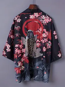 Sakura Koi Print Seven-Quarter Sleeve Hanfu Robe, Cherry, Summer Lightweight Loose Kimono Jacket, Unisex Casual Wear Beach Vacation Shirt