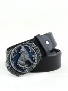 Vintage Western Cowboy Men's Belt, Trendy Punk Style Wolf Decoration, Casual Leather Belt for Young Adults, All Seasons Fashion Accessory, PU Leather Belts