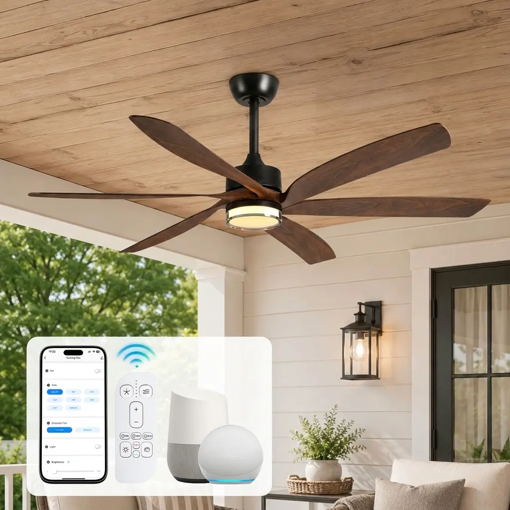 64 Inch Modern Outdoor Ceiling Fan with Light, Farmhouse Rustic Ceiling Fan for Patio Porch Indoor Bedroom Living Room, Waterproof Double Layer Lampshade 6 ABS Blades High CFM Smart Ceiling Fan with Tuya Alexa Remote Control