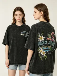 230g Heavyweight Vintage Washed Cotton T-Shirt - Tropical Flamingo & Surfboard Graphic Print, Dual-Sided Beach Carnival Design, Loose Fit Crew Neck Short Sleeve for Men & Women, Summer Surfing, Parties, Beachwear (Machine Washable)viral tiktok shirt
