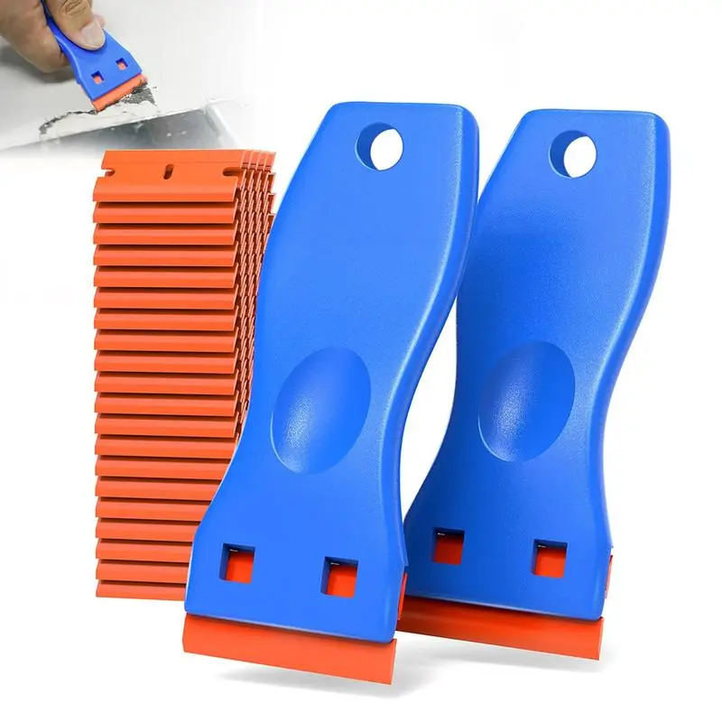 Ergonomic Dual-Edged Scraper Blade Set - 2 Plastic Tools, 100 Replacement Blades, Sticker Removal, Fatigue-Reducing Scratch-Free Cleaner for Kitchen Appliances & Surfaces (Home Care Supplies)