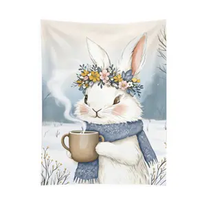 Bunny Cocoa Tapestry Rustic Spring Wall Decor hanging wall print Bunny With Flower Crown And Scarf Holding Coffee Cup In Winter Scene Tapestry Acrylic Pendant Ornament For Home Decor & Wall Art Christmas Gift For Family